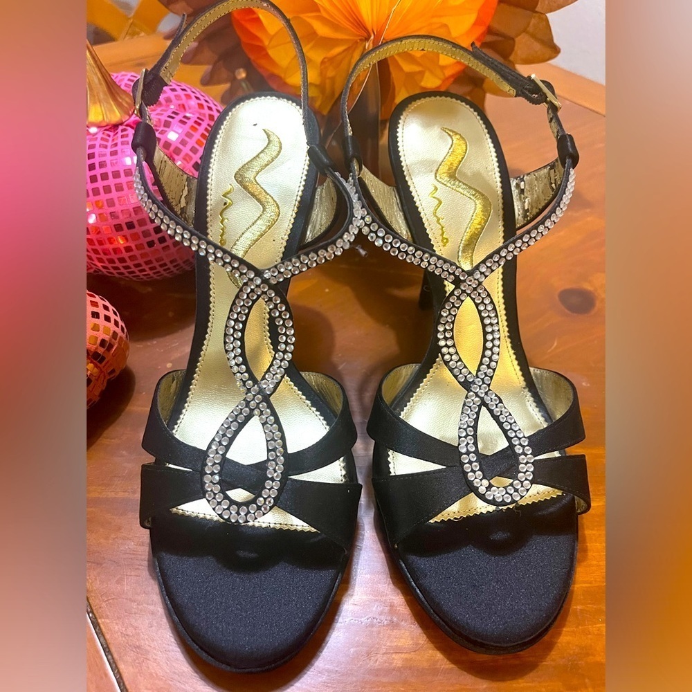 Nina Ricci Vierra Strappy Rhinestone Satin Heels, Black, Size 9M